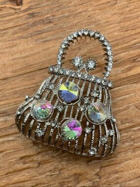 Handbag Silver Tone Iridescent Gems Rhinestone Brooch